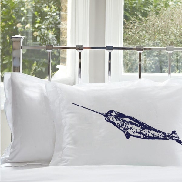 Navy Blue Narwhal whale Pillow Cover White Nautical pillow case sea unicorn nautical decor | coastal decor | narwhal pillowcase beach decor