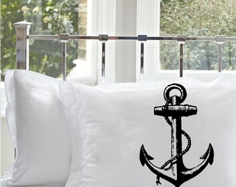 Black Anchor Pillowcase, Vintage Nautical Decor