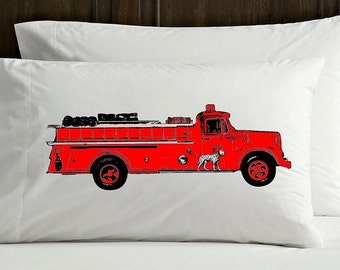 Red Fire engine firetruck pillowcase with a dalmatian dog firemen fireman boys bedding room decor vintage fire truck childrens bedding