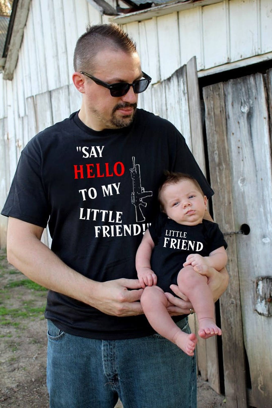 2 Shirts Father Son Matching Shirts Say HELLO to My Little Friend Fathers  Day Gift New Baby Daddy and Me Scarface 