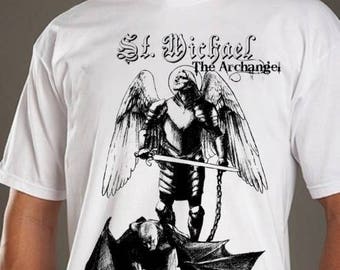 St. Michael the Archangel defeats satan devil Mens White Short Sleeve TShirt