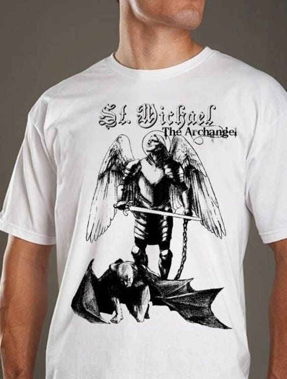 St. Michael the Archangel defeats satan devil Mens White Short Sleeve TShirt