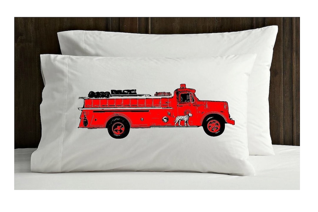 Set of Two Vintage Red Fire Engine Truck Pillowcases Soft Cotton
