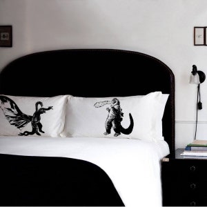 2 PILLOW FIGHTING vintage godzilla parody ghidorah gedora pillowcases, fight japan film science fiction pulp room decor fan art pillow case