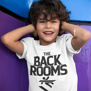 May include: A white t-shirt with a black graphic that says "THE BACK ROOMS" with a stick figure running on a black and white striped floor.