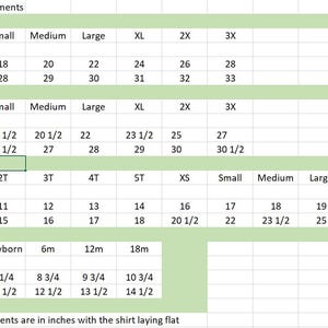 May include: A chart showing shirt measurements in inches for different sizes and ages, including men's, women's, youth, and infant sizes.