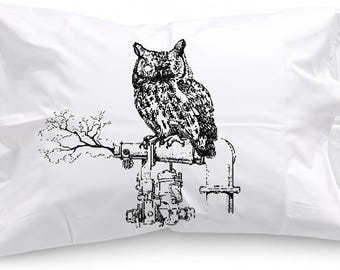 Steampunk Owl Pillowcase Cotton Queen Size Pillow Cover