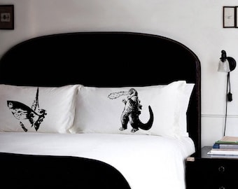 2 PILLOW FIGHTING godzilla parody and mothra kaiju fan art pillowcases fight japan film vintage fiction UNIQUE Black room decor pillow case
