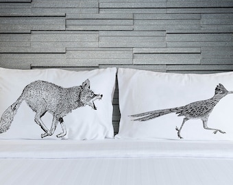 Wildlife ROADRUNNER vs. COYOTE Pillow fight pillowcases, New Mexico Wildlife, Desert Animal, Southwest Design, Albuquerque, Southwest decor