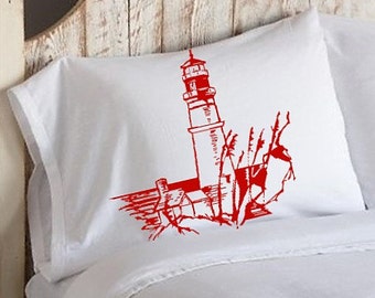 Red Lighthouse Nautical Pillowcase | Light House Pillowcase | Nautical Decor | Coastal Decor | Beach Decor | Screen Printed | Light House