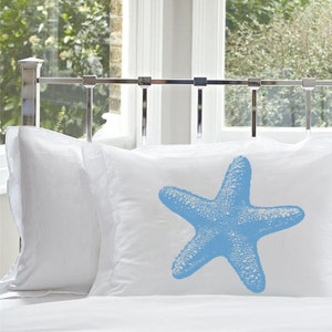 Peacock Blue Starfish Pillow Cover Queen Size Cotton Pillowcase White Nautical Pillowcases Coastal Decor pillow covers