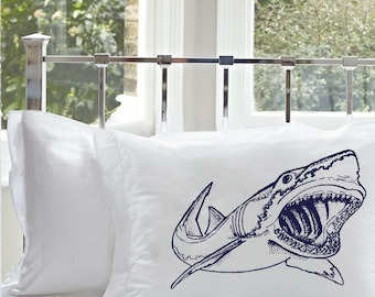 Navy Blue Great White Shark Nautical Pillow Case