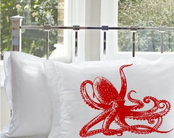 Red Octopus Cotton Pillowcase Nautical Decor Coastal Bedding pillowcases squid Pillow case navy sailor decor decoration room bedding bedroom