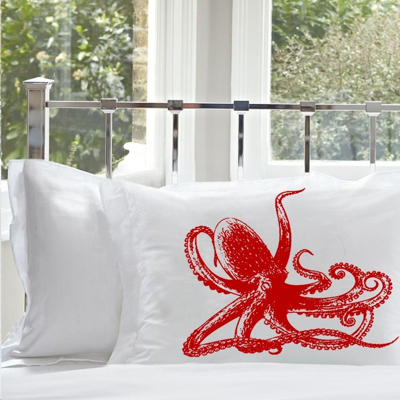 Red Octopus Cotton Pillowcase Nautical Decor Coastal Bedding pillowcases squid Pillow case navy sailor decor decoration room bedding bedroom image 1
