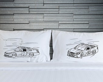 Race Car pillowcase set, racecar Pillow fighting pillowcases, covers Pillow for Boys, matching, car chase cup, auto racing, drivers, fan art
