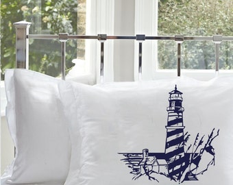 Navy Blue Striped Lighthouse Pillowcase | Light House Pillowcase | Nautical Decor | Coastal Decor Cotton Pillowcase Light House, Lighthouse