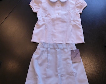Vintage Piccolettas Little Toddler Boy Size 2 Cotton Pique 2-Piece Outfit White & Light Blue Heirloom Set Top and Shorts Made In Spain