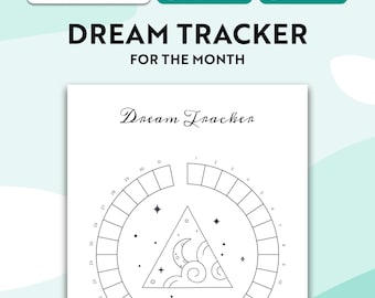 Op de afbeelding: Een printbare Dream Tracker voor de maand met een cirkelvormige kalenderindeling met de cijfers één tot en met eenendertig. Het midden bevat een driehoek met een illustratie van een maansikkel en wolken.