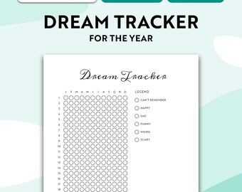 May include: A white printable dream tracker sheet featuring the text Dream Tracker for the Year. The layout includes a grid of circles for each day and month, alongside a legend with categories: Can't Remember, Happy, Sad, Funny, Weird, and Scary.