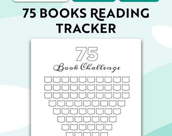 Może przedstawiać: Arkusz do śledzenia czytelnictwa do druku z tekstem 75 BOOKS READING TRACKER oraz 75 Book Challenge. Strona zawiera 75 konturowych ikon książek ułożonych w kształt odwróconego trójkąta, służących do śledzenia postępów w czarnym tuszu.