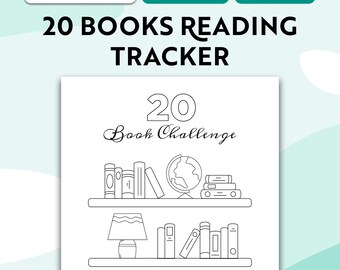 Może przedstawiać: Strona do śledzenia czytelnictwa do druku z tekstem 20 BOOKS READING TRACKER oraz 20 Book Challenge. Czarno-biały rysunek liniowy przedstawia dwie półki wypełnione różnymi książkami, globusem i lampą, dostępne w formatach A5 i A4.