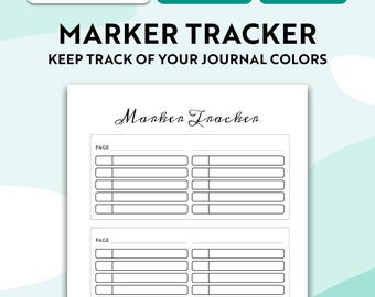 Puede incluir: Una hoja de seguimiento de marcadores imprimible con el texto Marker Tracker y Keep Track Of Your Journal Colors. El diseño incluye secciones etiquetadas como Page con varias filas de cajas rectangulares vacías.