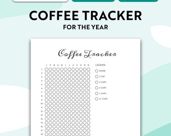 Puede incluir: Una hoja de seguimiento de café imprimible con el texto COFFEE TRACKER FOR THE YEAR. El documento incluye una cuadrícula de círculos para cada mes y día, junto con una leyenda con categorías para none, 1 cup, 2 cups, 3 cups, 4 cups y 5+ cups.
