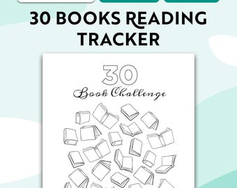 Może przedstawiać: Strona do śledzenia czytelnictwa do druku z tekstem 30 BOOKS READING TRACKER oraz 30 Book Challenge. Dokument zawiera czarno-białe ilustracje liniowe przedstawiające trzydzieści pojedynczych książek rozrzuconych na stronie.