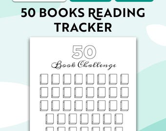 Może przedstawiać: Arkusz do śledzenia czytelnictwa z tekstem 50 BOOKS READING TRACKER oraz 50 Book Challenge. Strona zawiera 50 obrysowanych prostokątnych ikon książek ułożonych w rzędy. Etykiety wskazują Instant PDF Download, A5 Journal Size oraz A4 Letter Size.