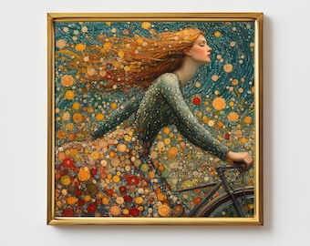 Gustav Klimt modern bicycle woman painting. Naive symbolism eclectic wall art poster. High quality square inspiring picture artwork
