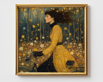 Gustav Klimt style woman bicycle painting. Naive symbolism eclectic wall art poster. Bohemian boho quare inspiring picture artwork