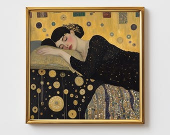 Gustav Klimt style woman sleeping painting. Naive symbolism eclectic wall art poster. Bohemian boho square inspiring picture artwork