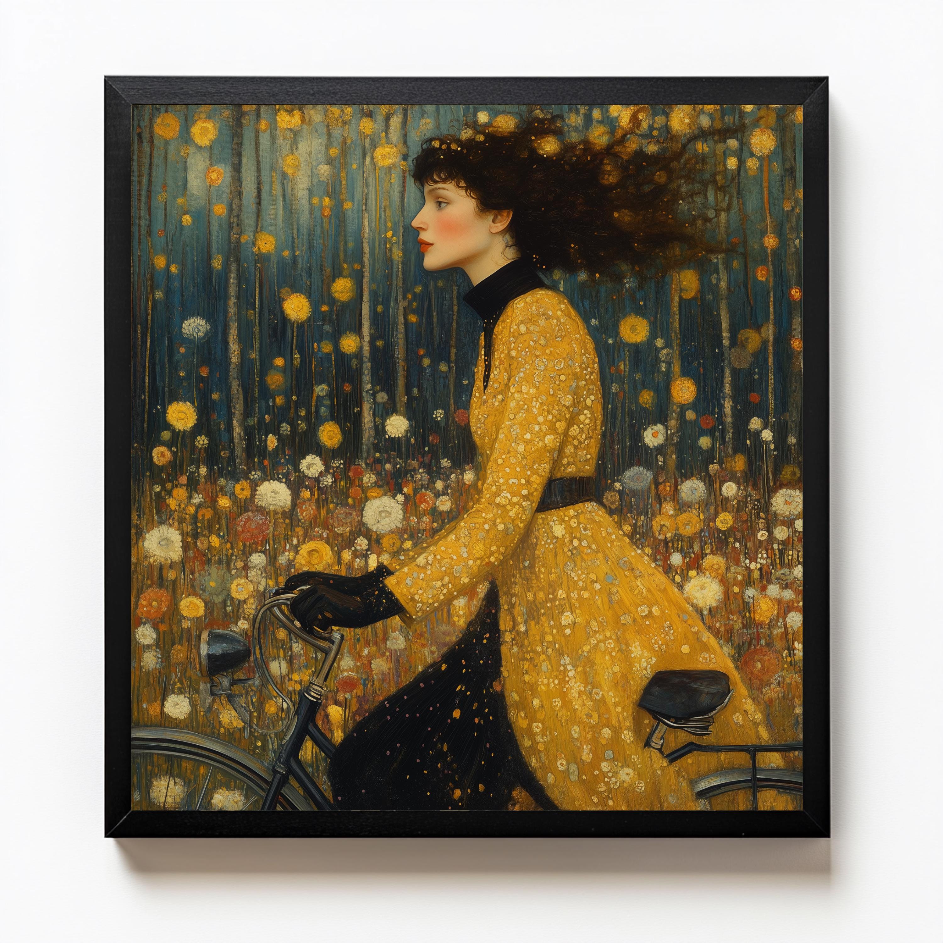 グスタフ・クリムト風の女性自転車絵画。素朴な象徴主義を織り交ぜた