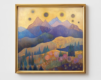 Gustav Klimt style mountains painting. Naive symbolism eclectic wall art poster. Bohemian boho square inspiring picture artwork