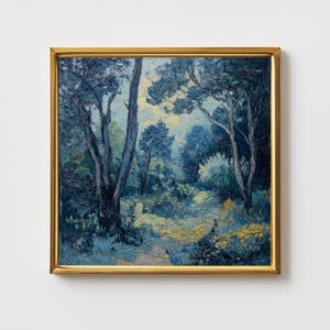 Dipinto a olio impressionista di foresta d'epoca. Stampa di poster di natura di paesaggio botanico. Immagine unica di arte figurativa panoramica da parete