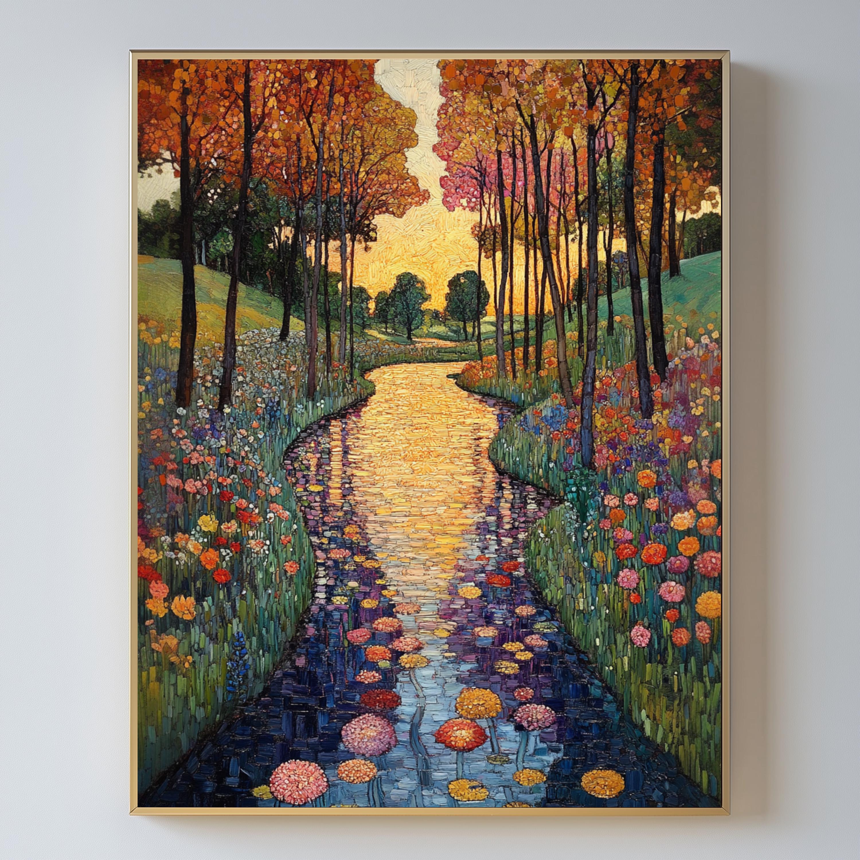 Gustav Klimt style river landscape painting. Naive symbolism eclectic wall art poster. Bohemian boho inspiring picture artwork