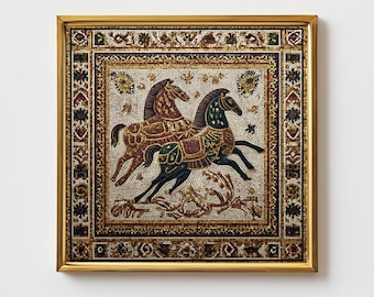 May include: A square mosaic wall art piece framed in gold, featuring two galloping horses in shades of dark green, brown, and gold. The central image is surrounded by a detailed geometric border with intricate patterns in earthy tones and gold.