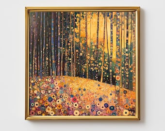 Gustav Klimt style forest painting. Naive symbolism eclectic wall art poster. Bohemian boho nature print. Square inspiring picture artwork