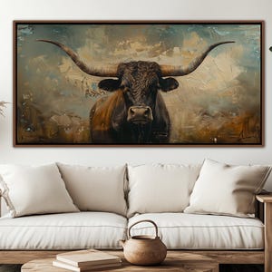 Longhorn Cow Wall Decor, Vintage Farmhouse Wall Art, Rustic Texas Longhorn Canvas Art, Country Western Large Canvas Print, Living Room Decor