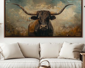 Longhorn Cow Wall Decor, Vintage Farmhouse Wall Art, Rustic Texas Longhorn Canvas Art, Country Western Large Canvas Print, Living Room Decor