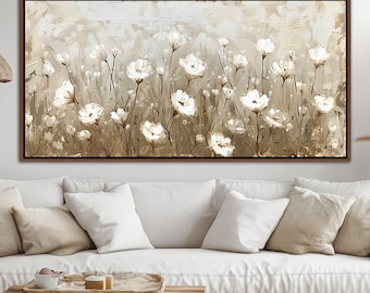 White Floral Framed Wall Art, Field Of Wildflowers Canvas Art, Botanical Farmhouse Decor, Vintage Abstract Living Room Large Canvas Print