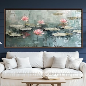 Water Lilies Wall Art, Floral Wall Decor, Vintage Flower Canvas Art, Impressionist Trendy Canvas Decor, Garden Landscape Living Room Decor