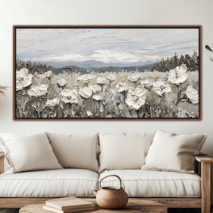 Abstract Wildflowers Framed Wall Art, Botanical Floral Wall Decor, Rustic Farmhouse Canvas Art, Vintage Flowers Landscape Large Canvas Print