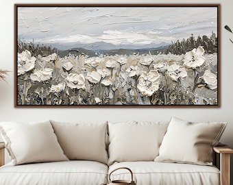 Abstract Wildflowers Framed Wall Art, Botanical Floral Wall Decor, Rustic Farmhouse Canvas Art, Vintage Flowers Landscape Large Canvas Print