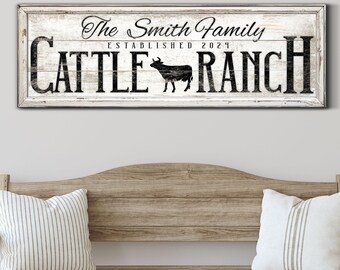 Custom Cattle Ranch Wall Sign, Personalized Canvas Print with Established Year and Family Name, Rustic Modern Farmhouse Entryway Wall Decor