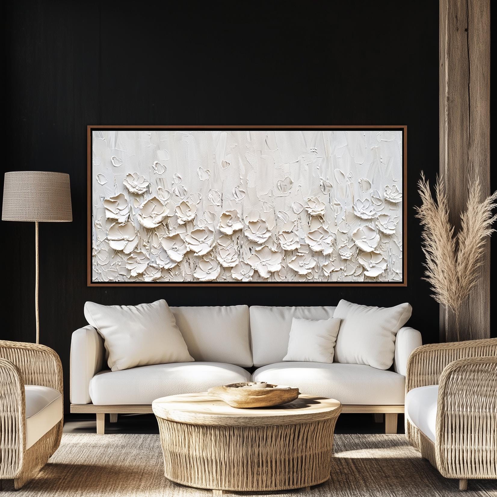 Abstract White Flowers Framed Wall Art, Floral Modern Home Canvas Decor ...