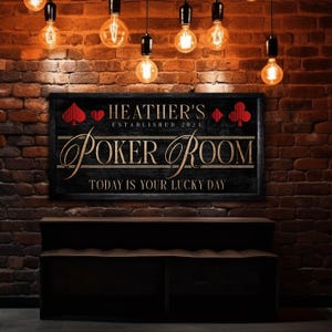 Benutzerdefinierte Pokerraum-Leinwandkunst, Garagen- und Kellerwandkunst, personalisierte Familienname-Dekor, Bauernhausdekor, Vintage-Casino-Leinwand