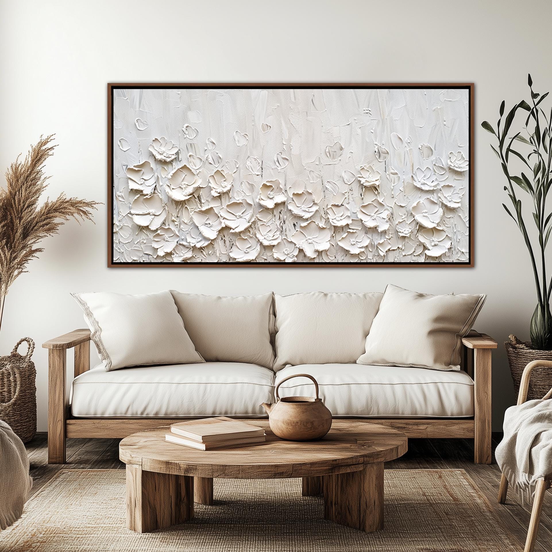 Abstract White Flowers Framed Wall Art, Floral Modern Home Canvas Decor ...