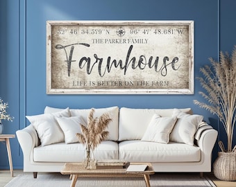 Personalized Farmhouse Wall Art With Family Name, Custom Living Room Decor with Coordinates, Housewarming Gift, Entryway Large Canvas Print