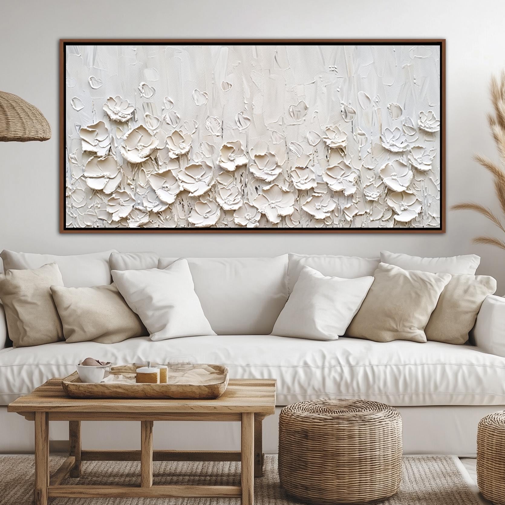 Abstract White Flowers Framed Wall Art, Floral Modern Home Canvas Decor ...